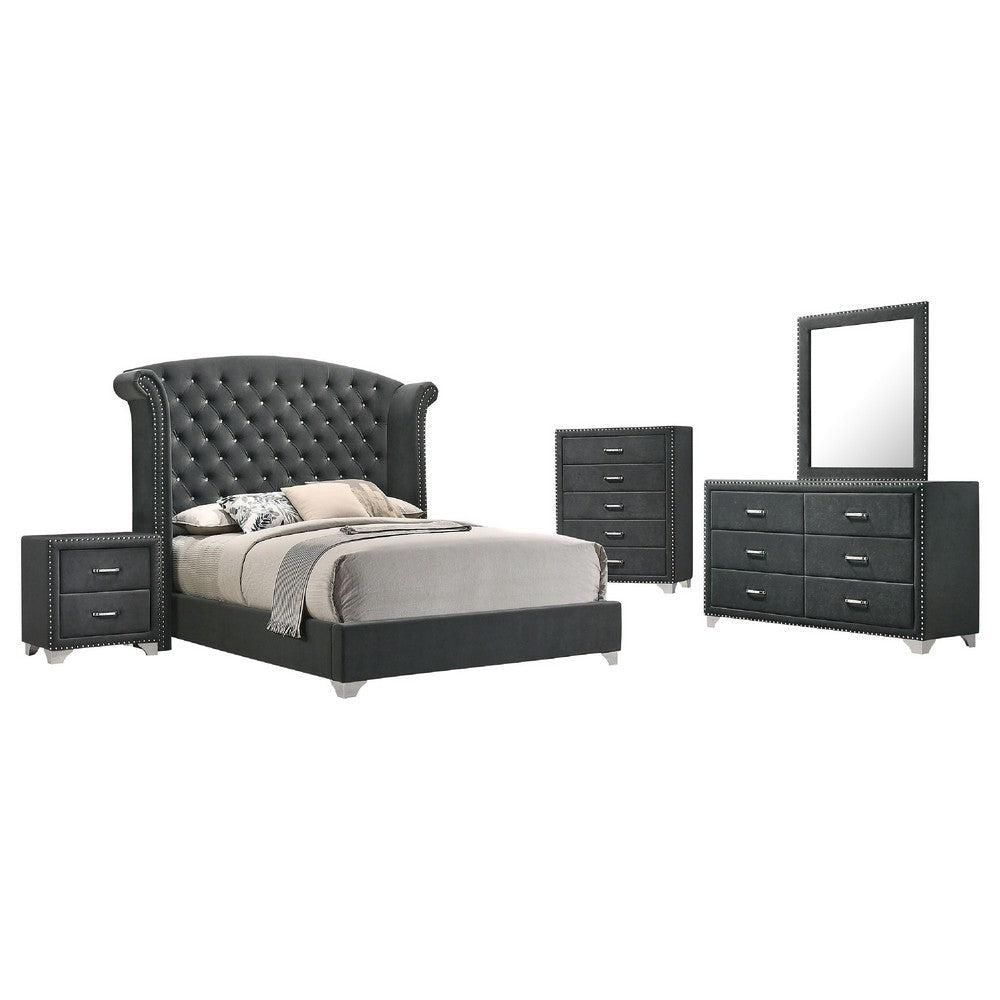 Giya 5pc Queen Bedroom Set | Rich Tufted Dark Gray Velvet Upholstery
