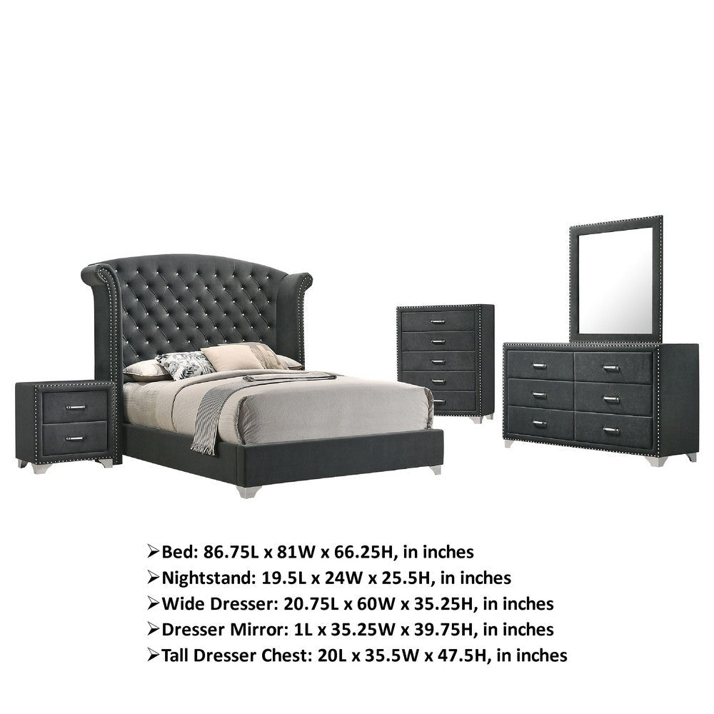 Giya 5pc Queen Bedroom Set | Rich Tufted Dark Gray Velvet Upholstery