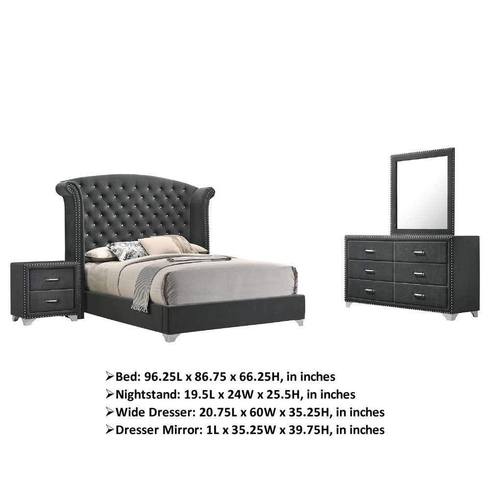 Giya 4pc King Bedroom Set | Classic Tufted Dark Gray Velvet Upholstery