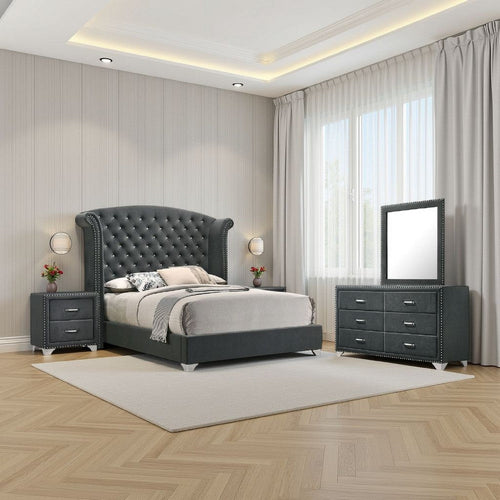 Giya 4pc King Bedroom Set | Classic Tufted Dark Gray Velvet Upholstery