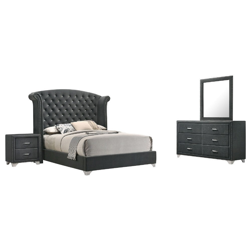 Giya 4pc King Bedroom Set | Classic Tufted Dark Gray Velvet Upholstery