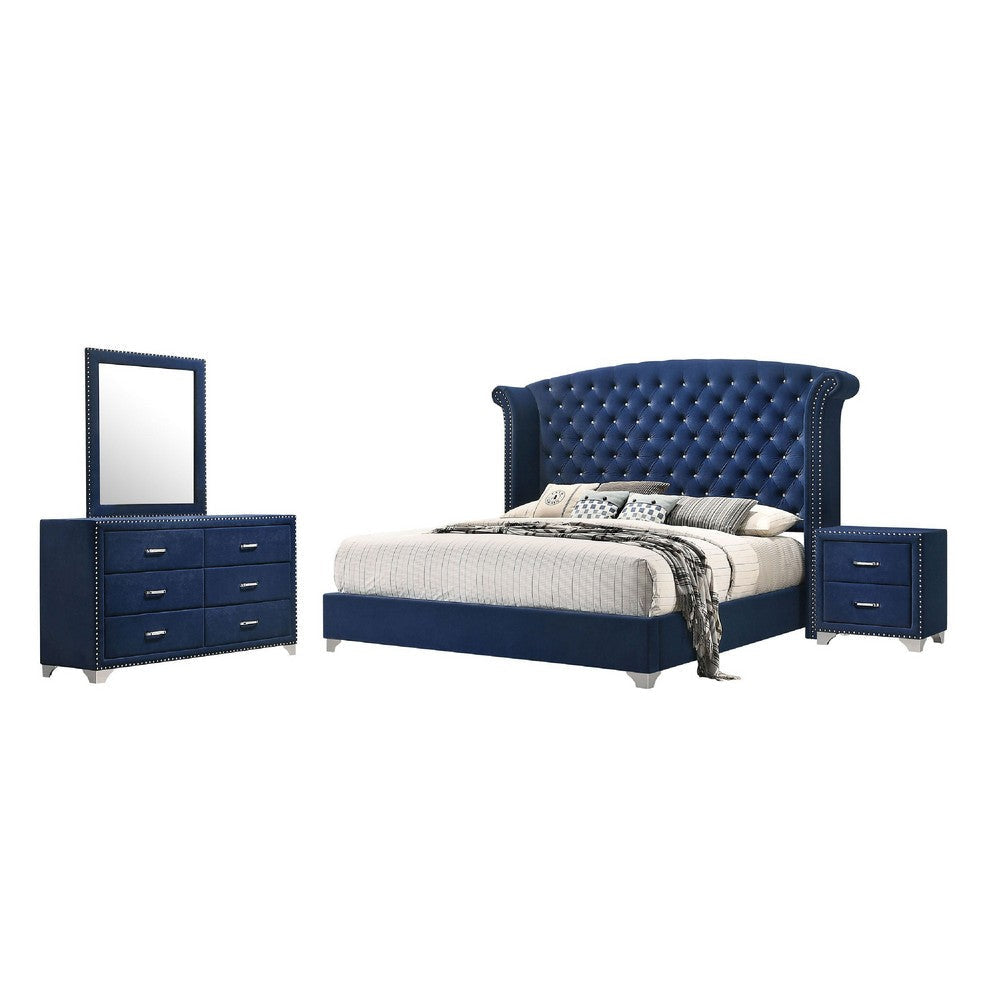 Giya 4pc Queen Bedroom Set | Rich Tufted Dark Blue Velvet Upholstery