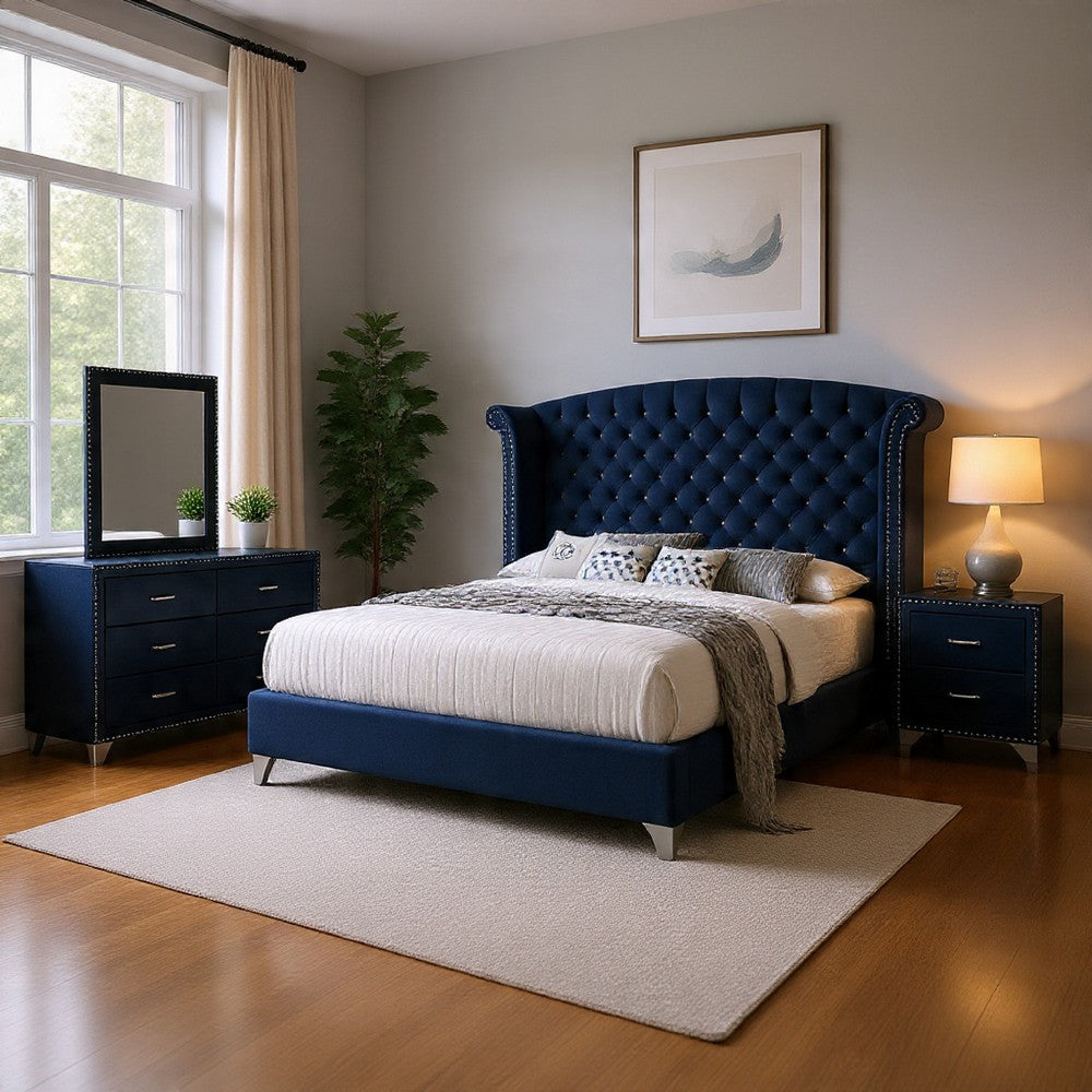 Giya 4pc Queen Bedroom Set | Rich Tufted Dark Blue Velvet Upholstery