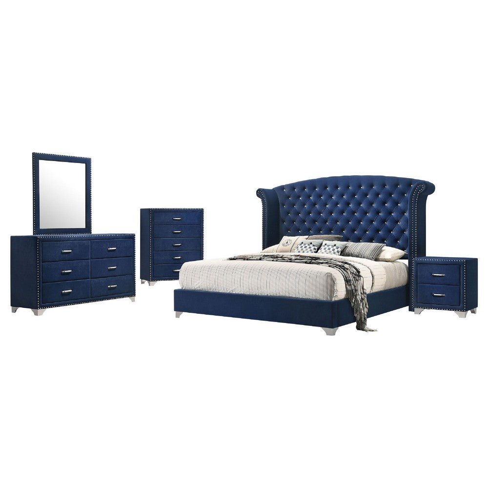 Giya 5pc Queen Bedroom Set | Rich Tufted Dark Blue Velvet Upholstery