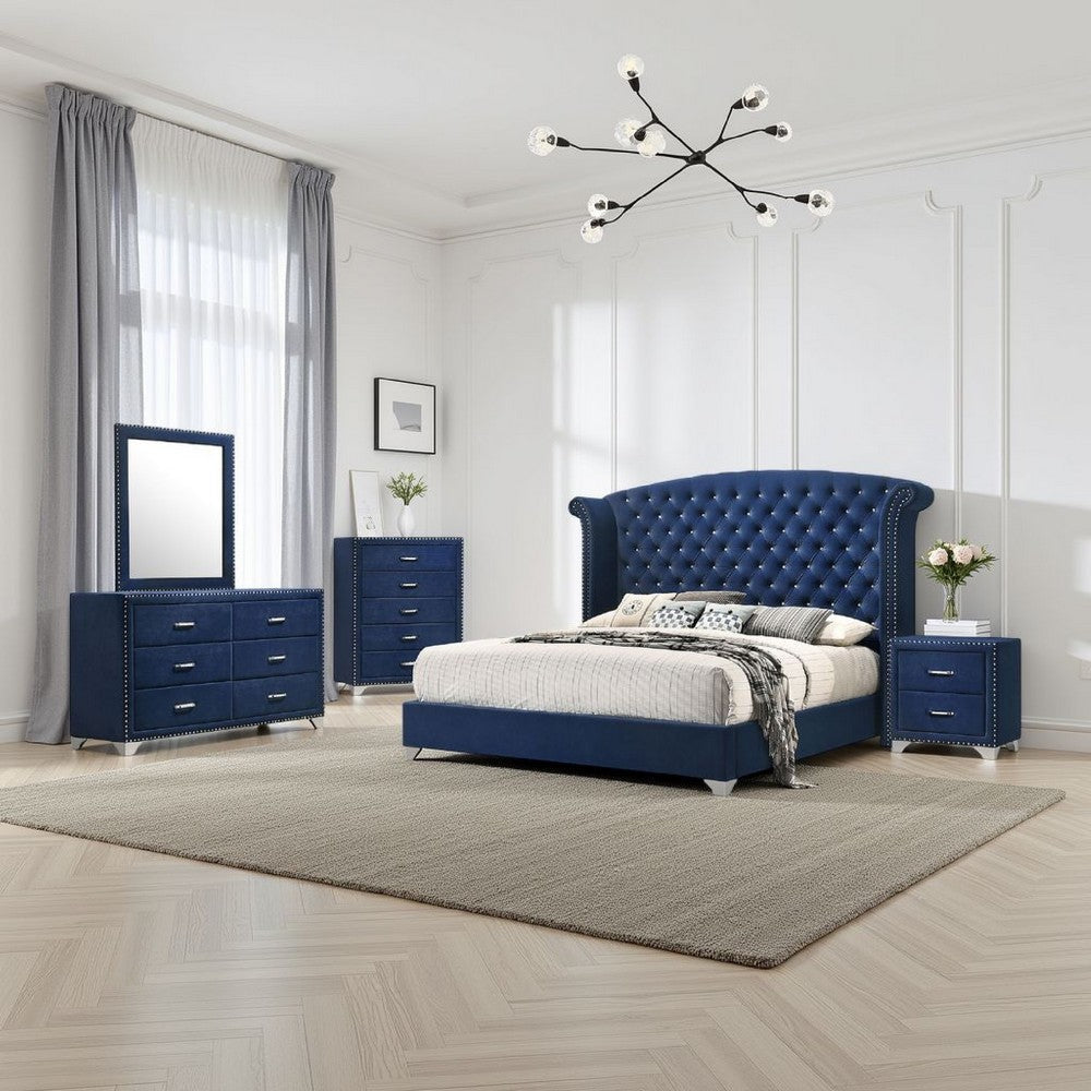 Giya 5pc Queen Bedroom Set | Rich Tufted Dark Blue Velvet Upholstery