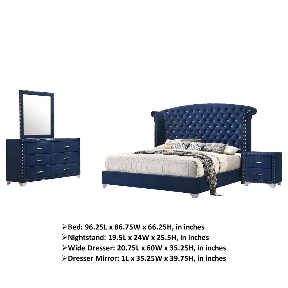 Giya 4pc King Bedroom Set | Classic Tufted Dark Blue Velvet Upholstery