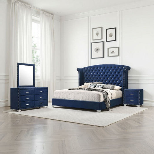 Giya 4pc King Bedroom Set | Classic Tufted Dark Blue Velvet Upholstery
