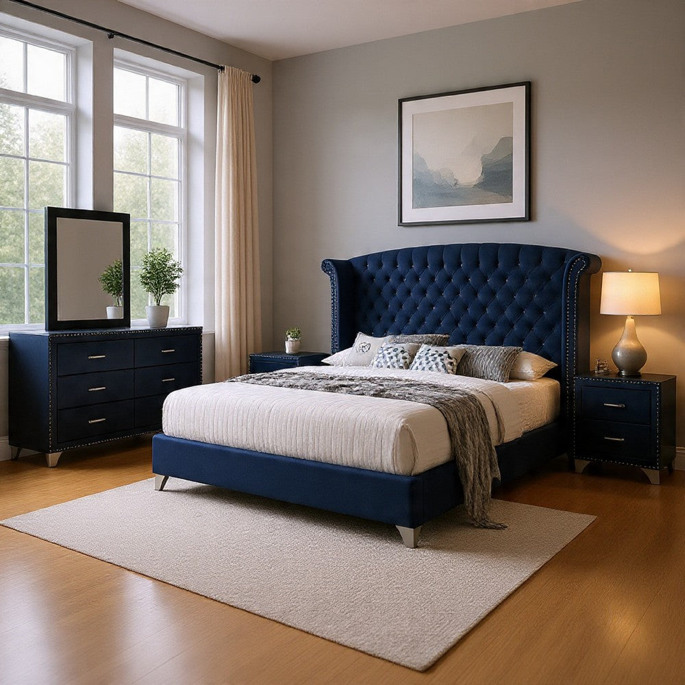 Giya 4pc King Bedroom Set | Classic Tufted Dark Blue Velvet Upholstery