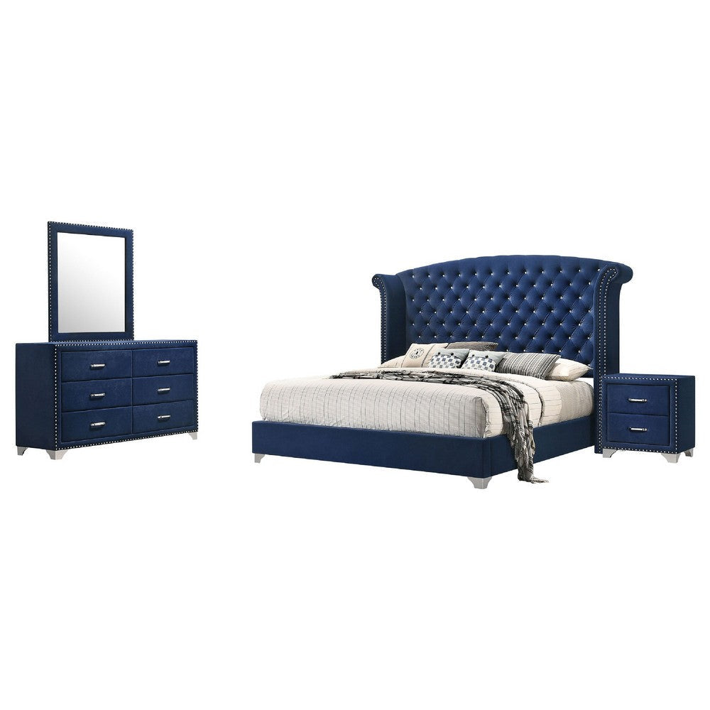 Giya 4pc King Bedroom Set | Classic Tufted Dark Blue Velvet Upholstery