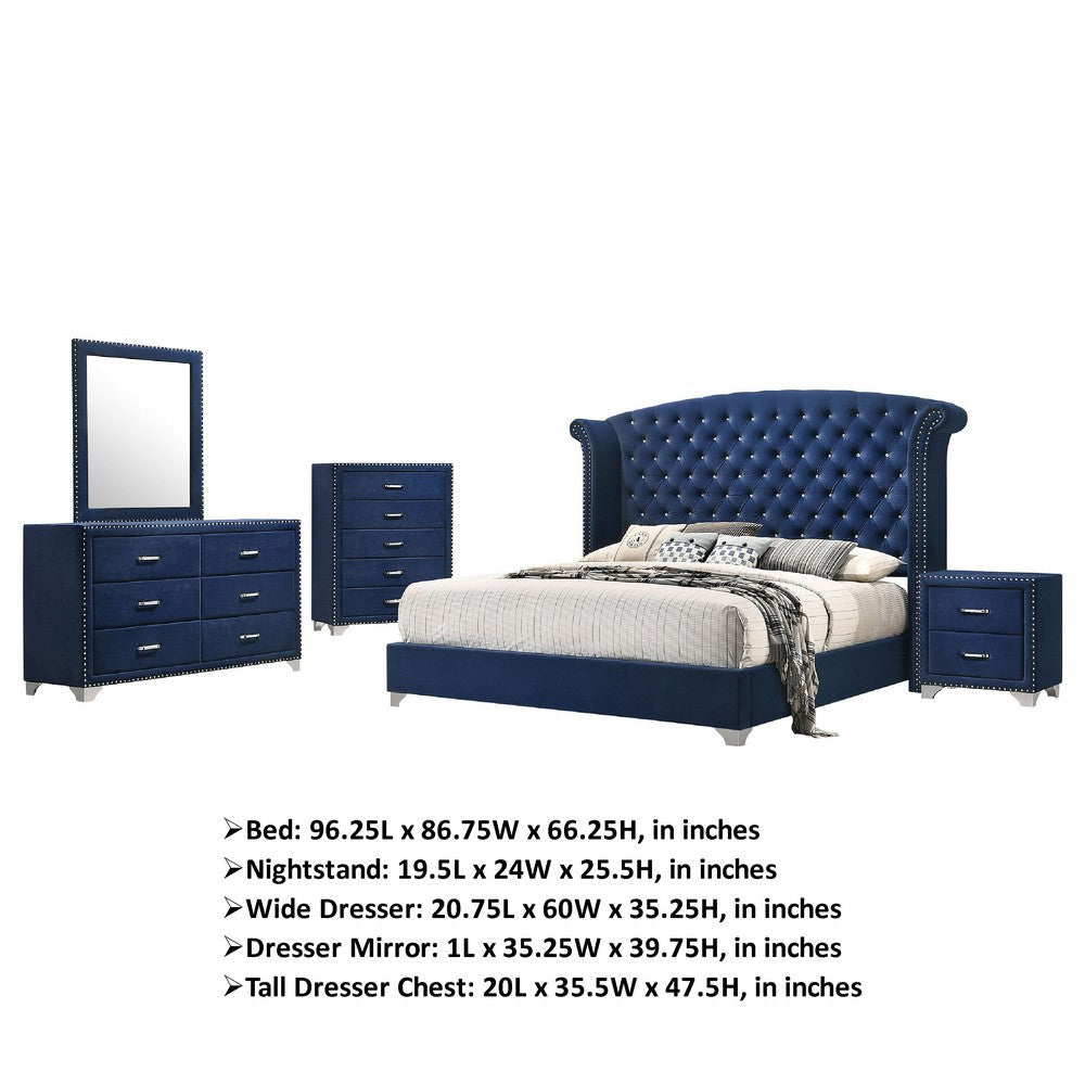 Giya 5pc King Bedroom Set | Classic Tufted Dark Blue Velvet Upholstery