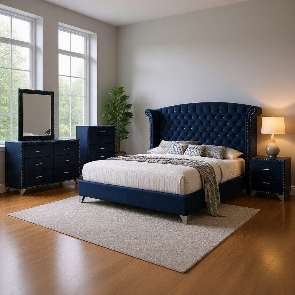 Giya 5pc King Bedroom Set | Classic Tufted Dark Blue Velvet Upholstery