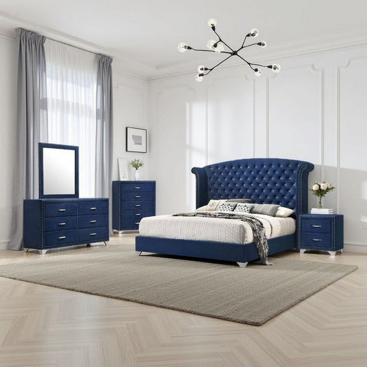 Giya 5pc King Bedroom Set | Classic Tufted Dark Blue Velvet Upholstery