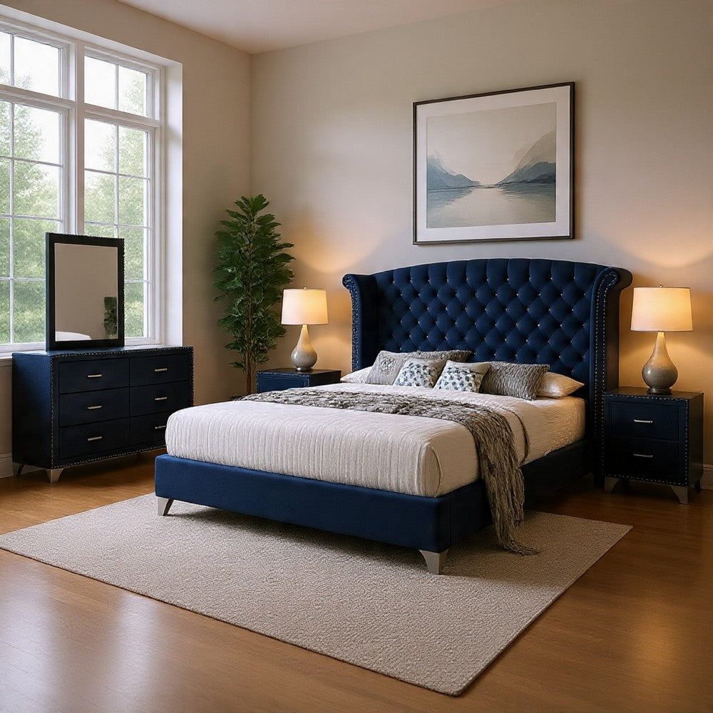 Giya 5pc King Bedroom Set | Classic Tufted Dark Blue Velvet Upholstery
