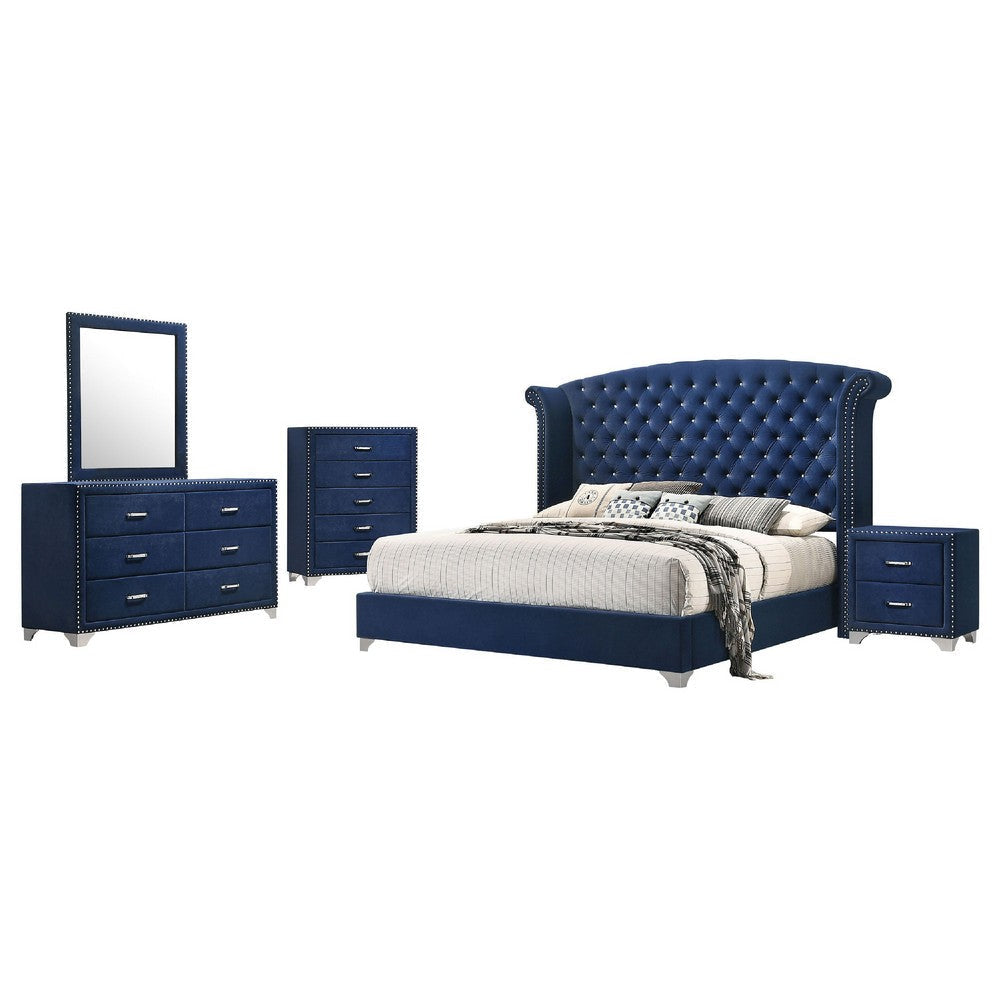Giya 5pc King Bedroom Set | Classic Tufted Dark Blue Velvet Upholstery