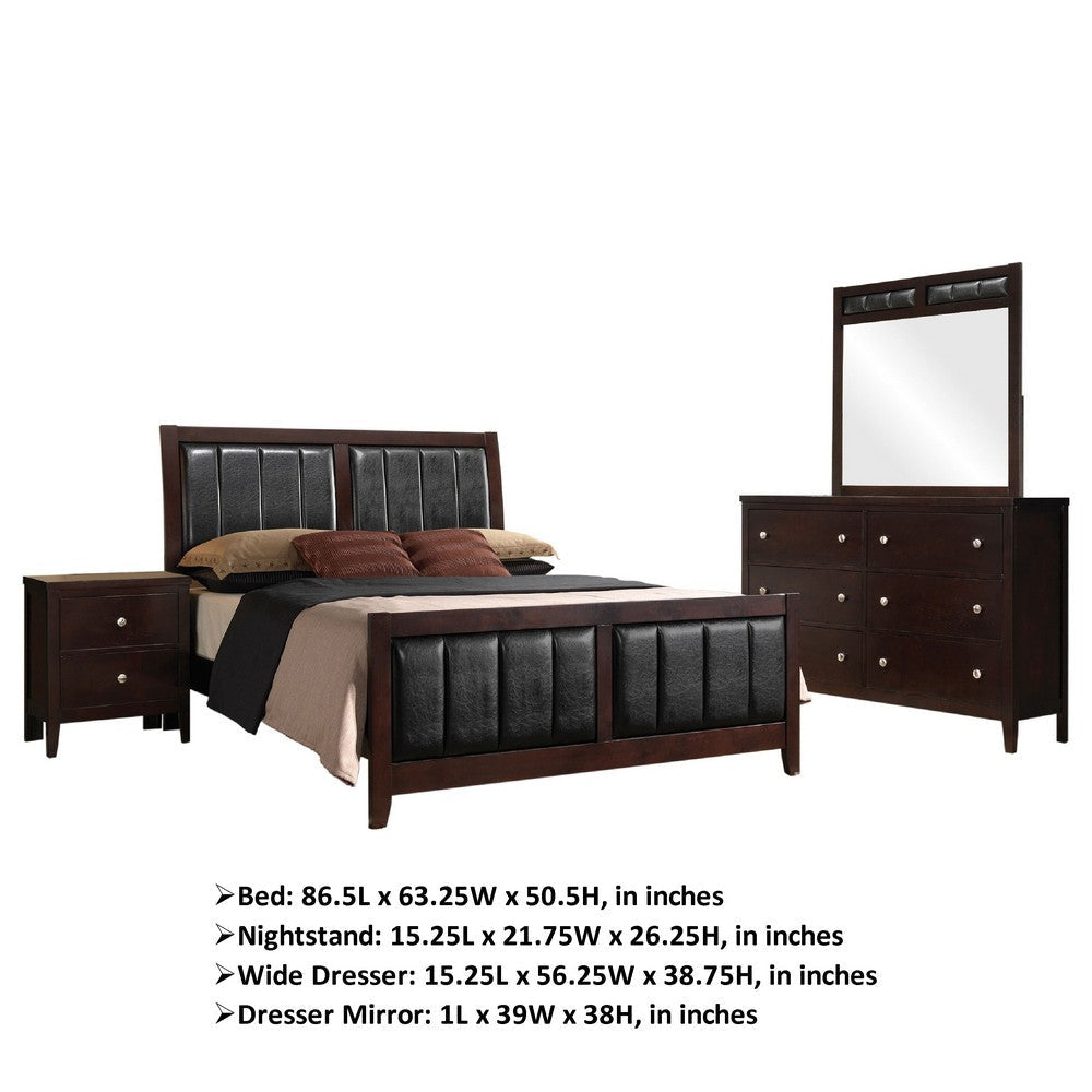 Con 4 Piece Queen Bedroom Set | Black Leather Upholstery | Dark Brown