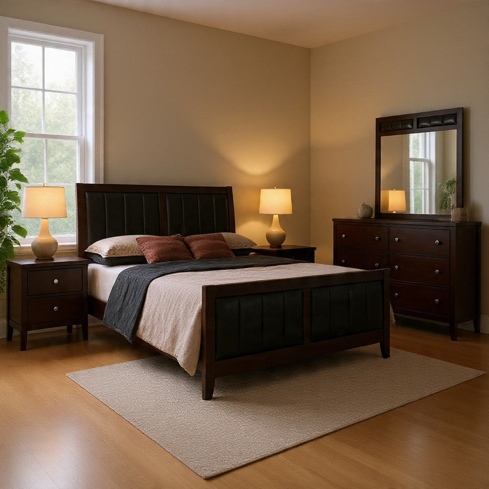 Con 4 Piece Queen Bedroom Set | Black Leather Upholstery | Dark Brown