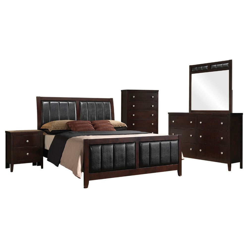 Con 5 Piece Queen Bedroom Set | Black Leather Upholstery | Dark Brown