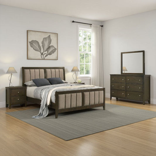 WIly 4pc Queen Bedroom Set | Dark Brown | Beige Upholstery | Nickel
