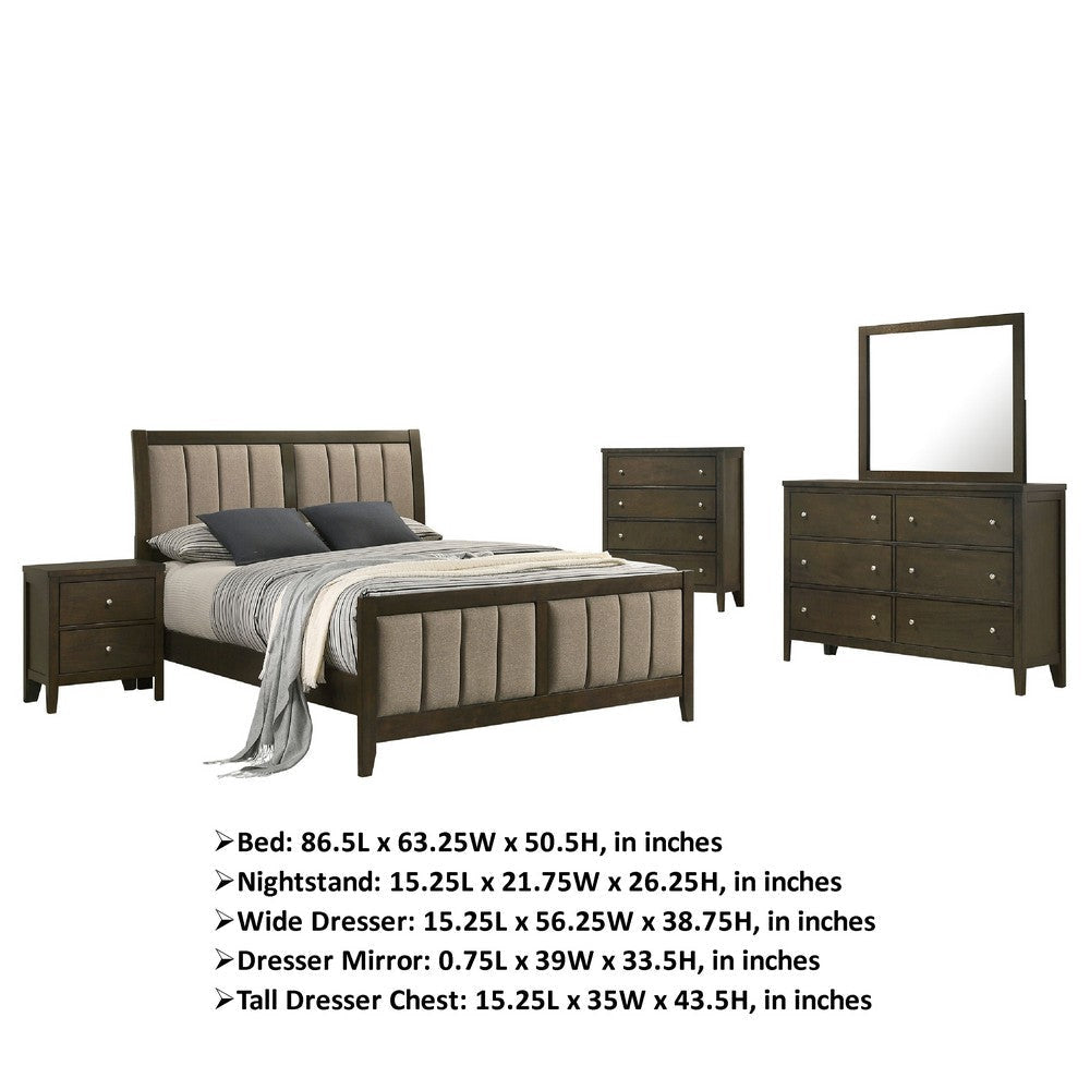 WIly 5pc Queen Bedroom Set | Dark Brown | Beige Upholstery | Nickel