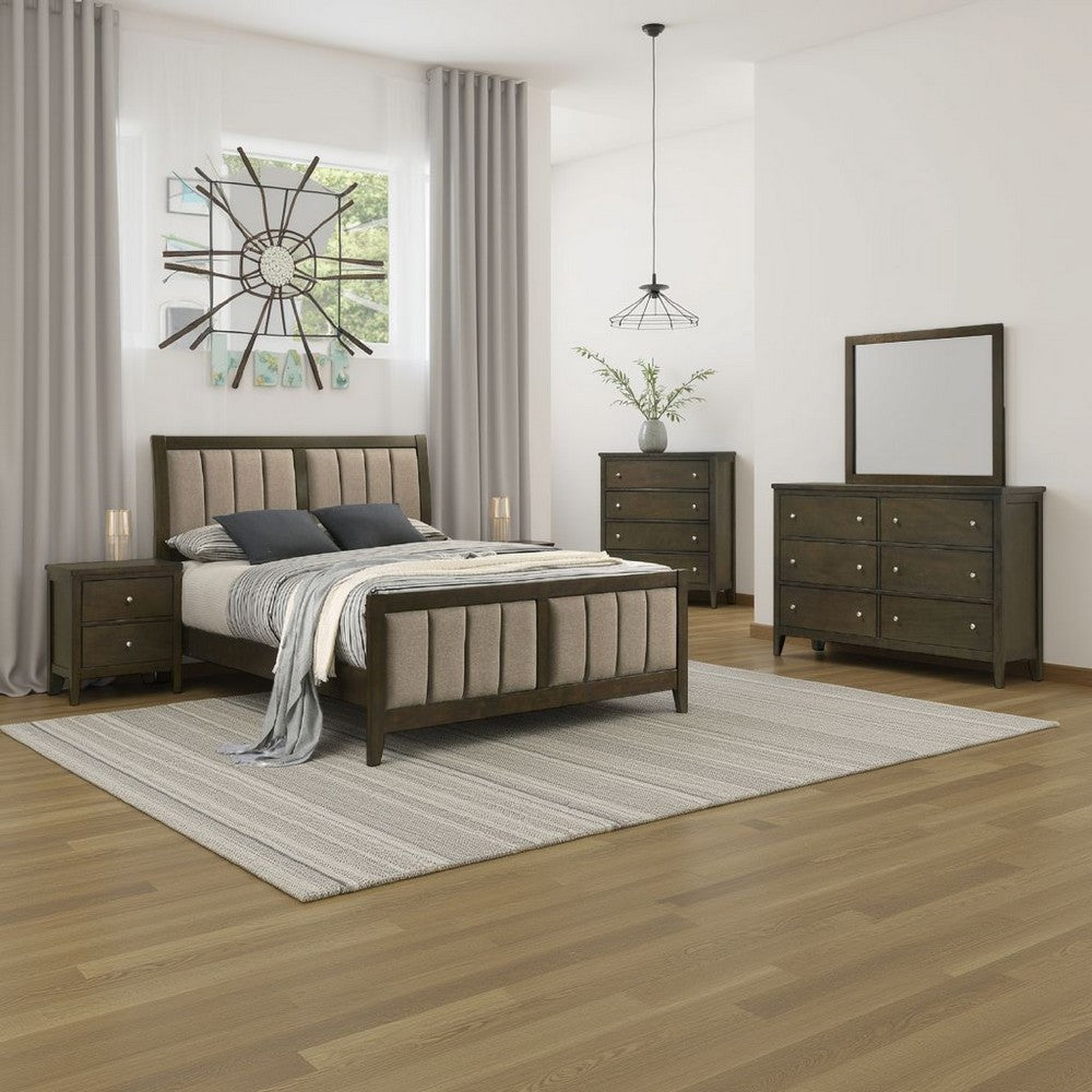 WIly 5pc Queen Bedroom Set | Dark Brown | Beige Upholstery | Nickel