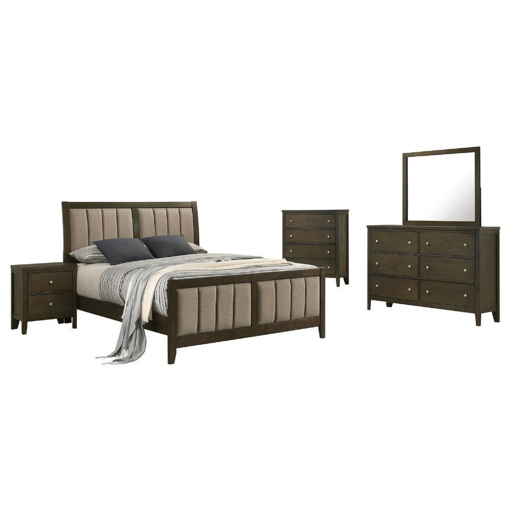 WIly 5pc Queen Bedroom Set | Dark Brown | Beige Upholstery | Nickel