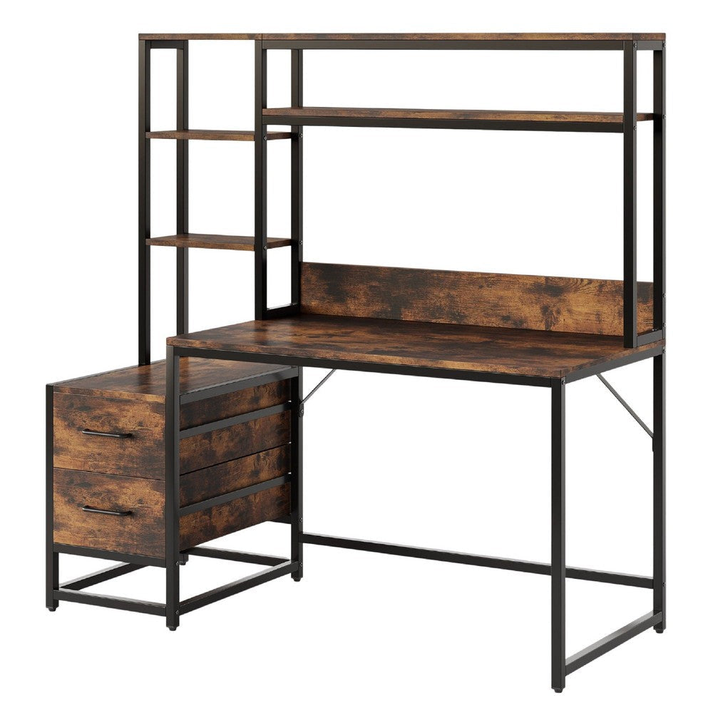 Computer Desk w Hutch | 2 Drawers | Shelves | Brown | Black Metal BM336899