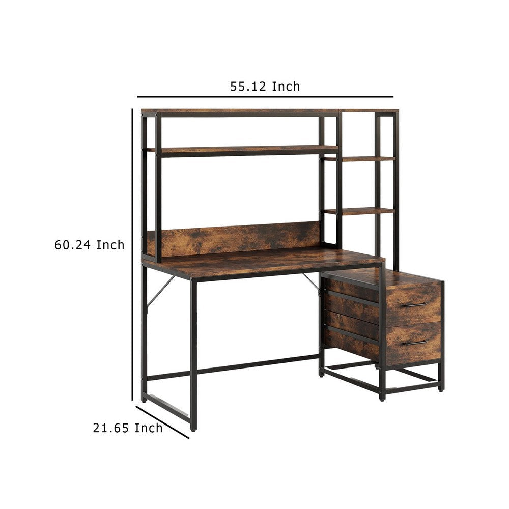 Computer Desk w Hutch | 2 Drawers | Shelves | Brown | Black Metal BM336899