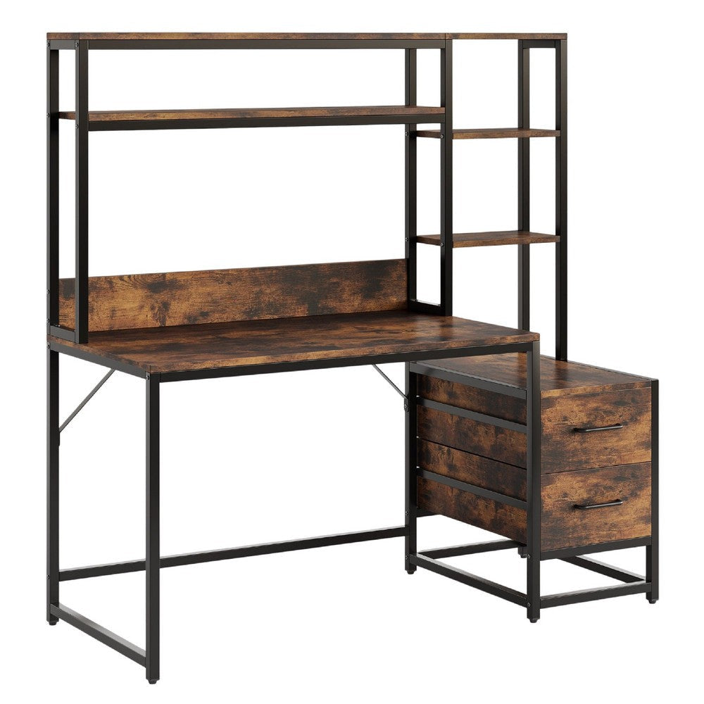 Computer Desk w Hutch | 2 Drawers | Shelves | Brown | Black Metal