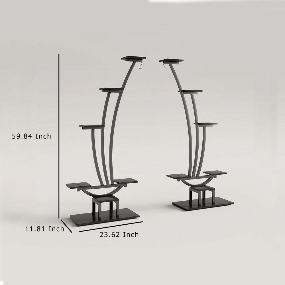 6 Tier Plant Stand Set of 2 w Hooks | Curved Display Shelf | Black BM336901
