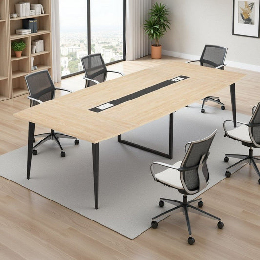 Office Conference Table | 71" Light Brown Boat Shaped | Black Metal