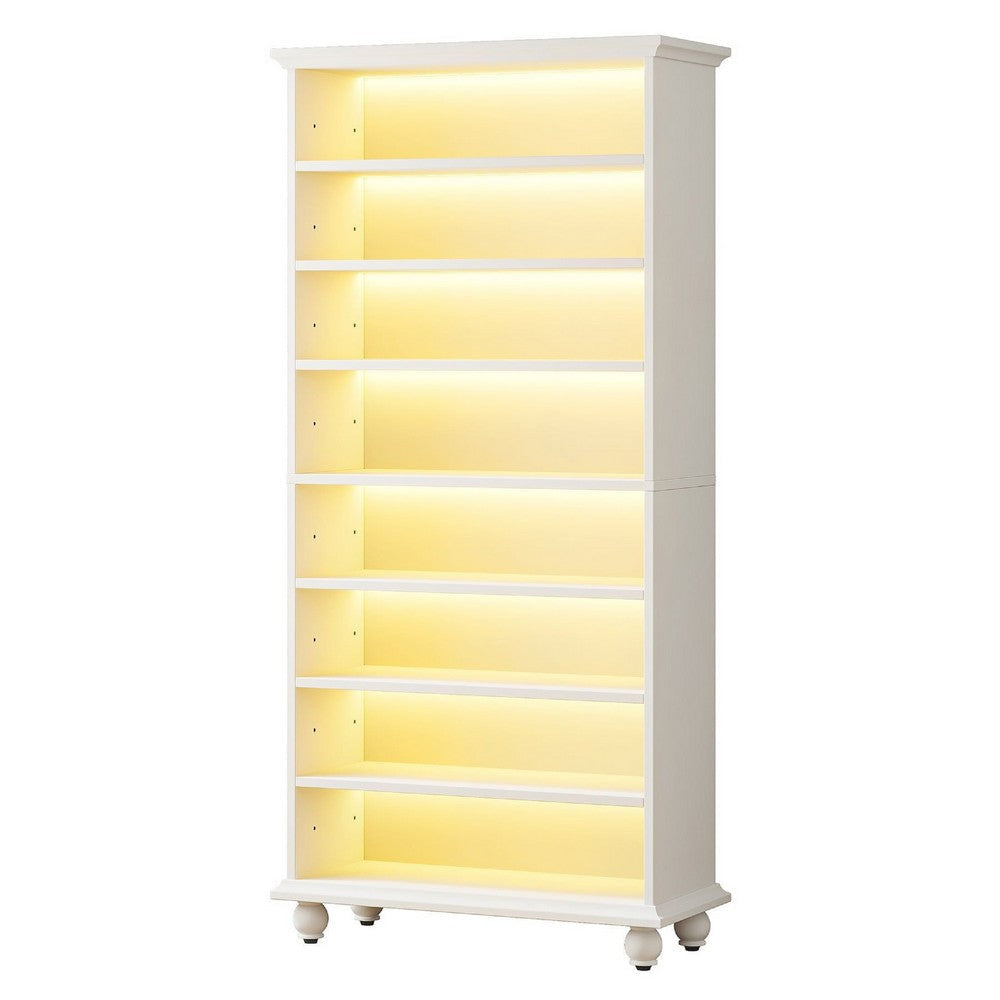 Modern Shoe Cabinet w LED Lights | Bun Feet | 9 Tier White Wood | 69’’ BM336908