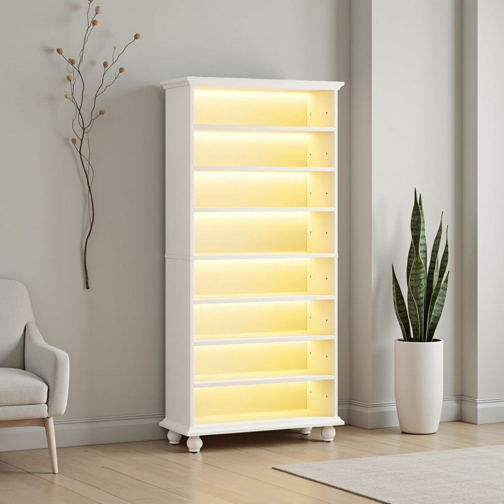 Modern Shoe Cabinet w LED Lights | Bun Feet | 9 Tier White Wood | 69"