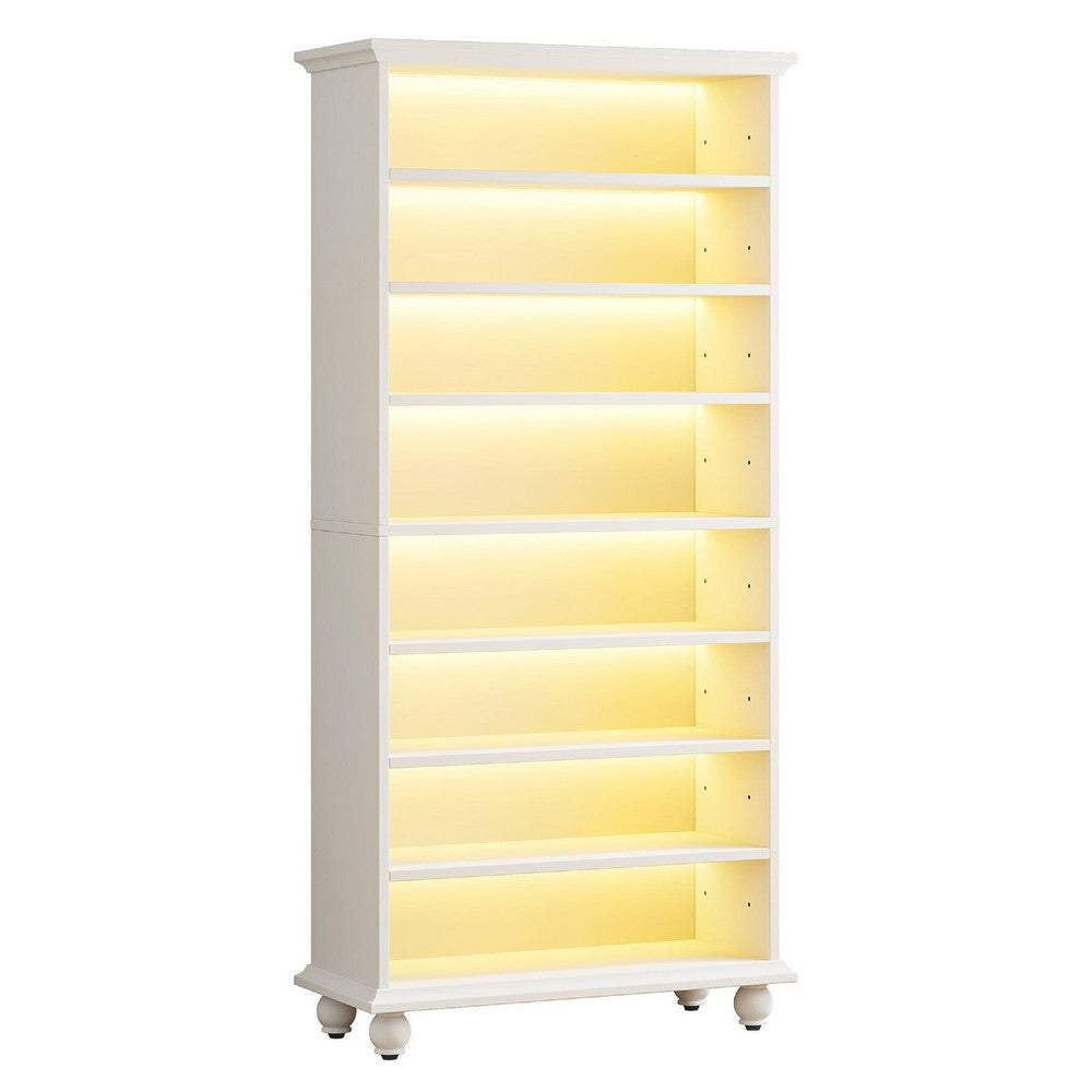 Modern Shoe Cabinet w LED Lights | Bun Feet | 9 Tier White Wood | 69"
