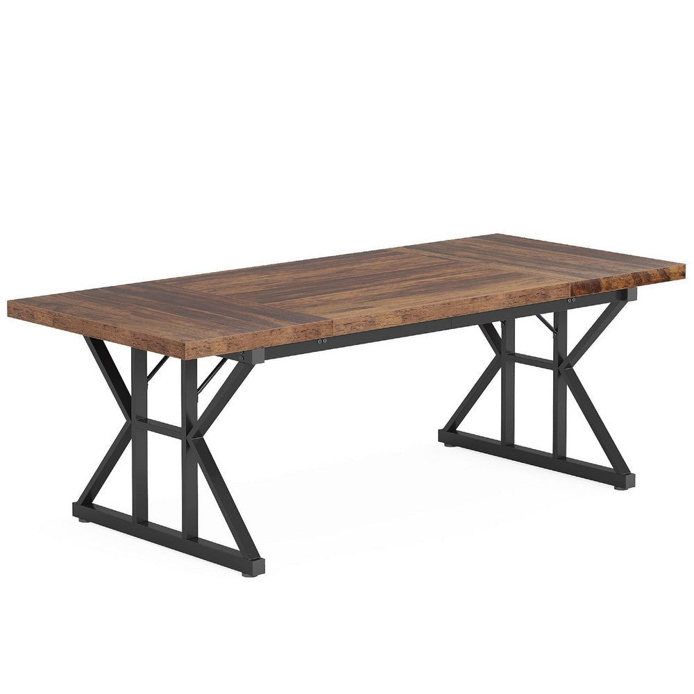Farmhouse Dining Table | 71" Brown Wood Top | Black Metal Base
