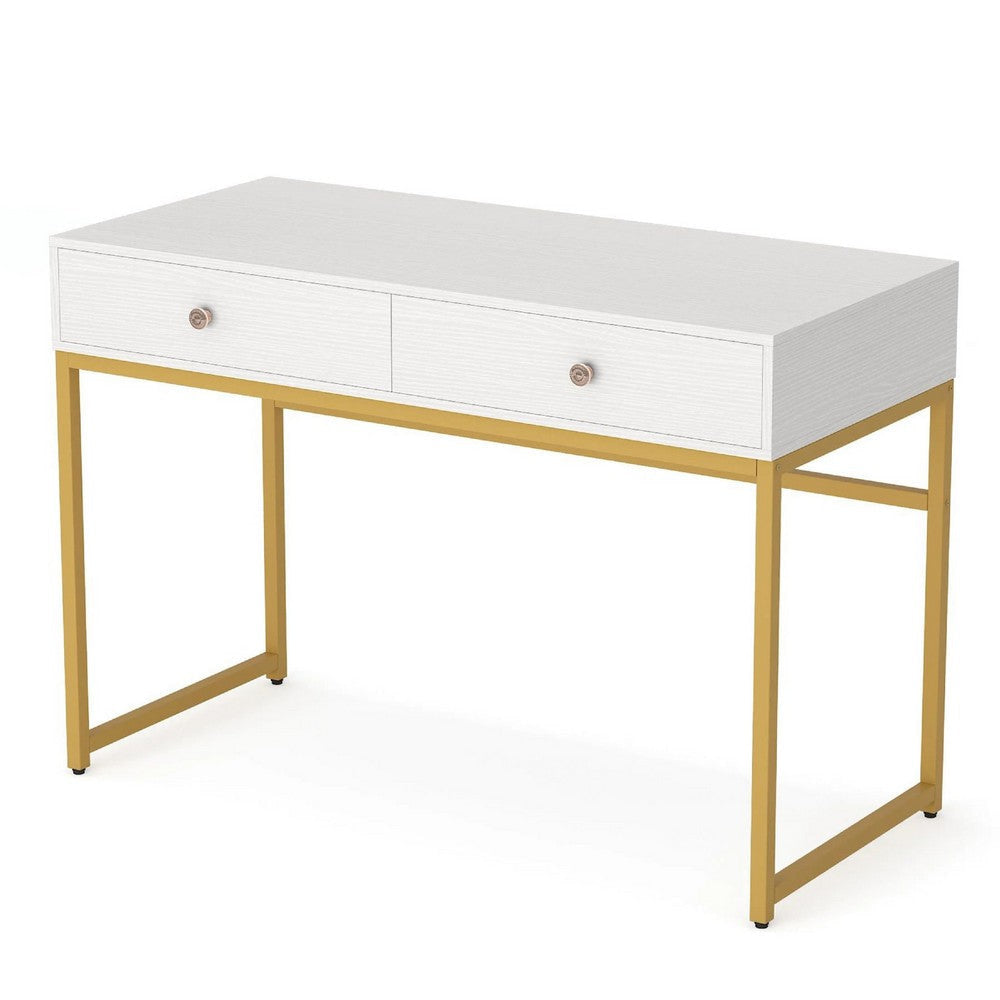 Modern Computer Study Desk w 2 Drawers | 47’’ White Wood | Gold Metal BM336912