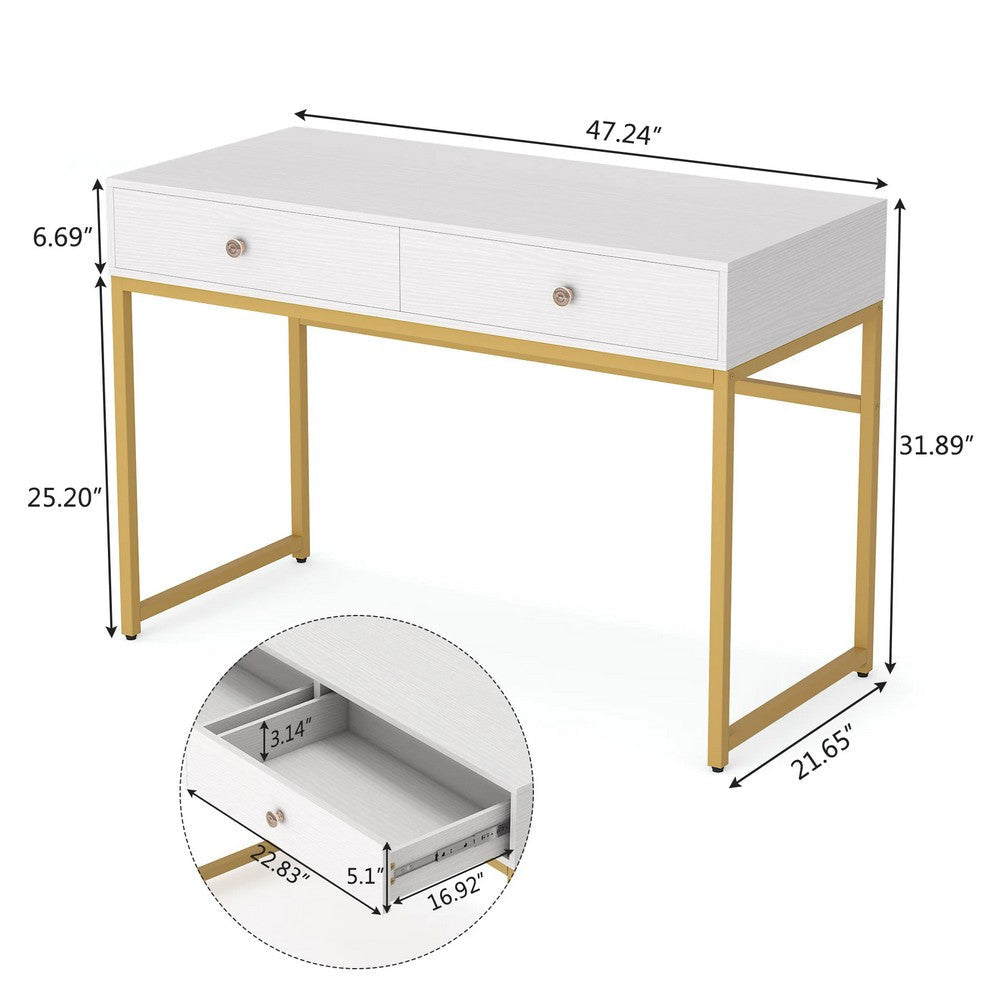 Modern Computer Study Desk w 2 Drawers | 47’’ White Wood | Gold Metal BM336912