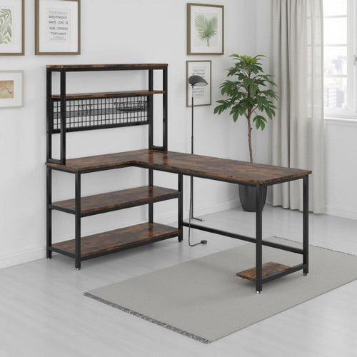 Reversible L Shaped Desk w Charging and Display Shelf | 55" Brown