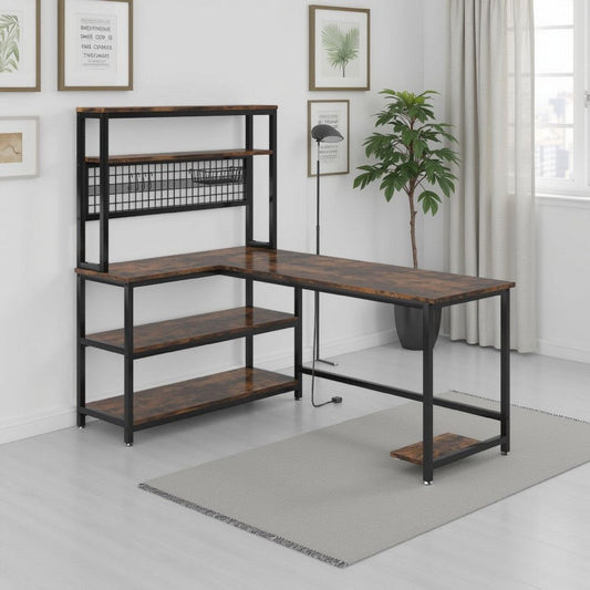 Reversible L Shaped Desk w Charging and Display Shelf | 55" Brown