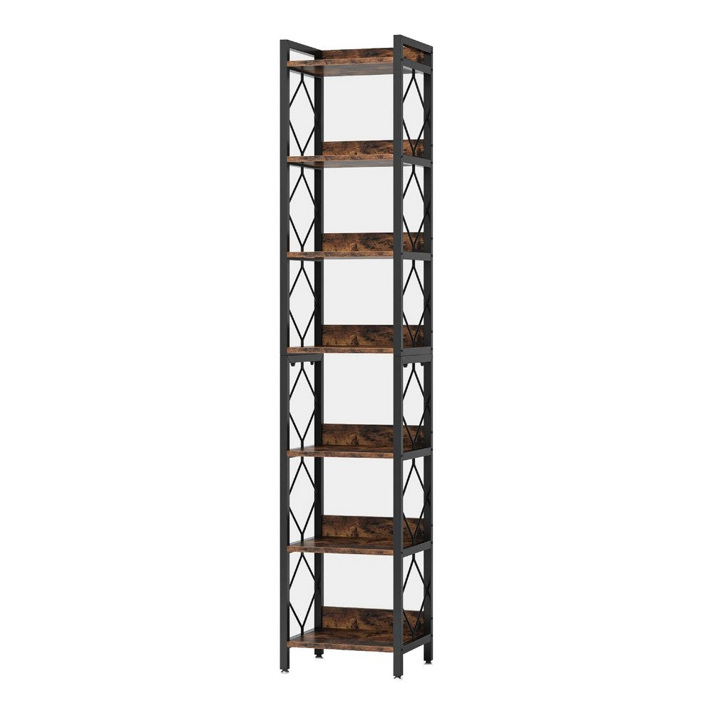 Corner Bookcase | 7 Tier Rustic Brown Wood Shelves | 79’’ Black Metal BM336917