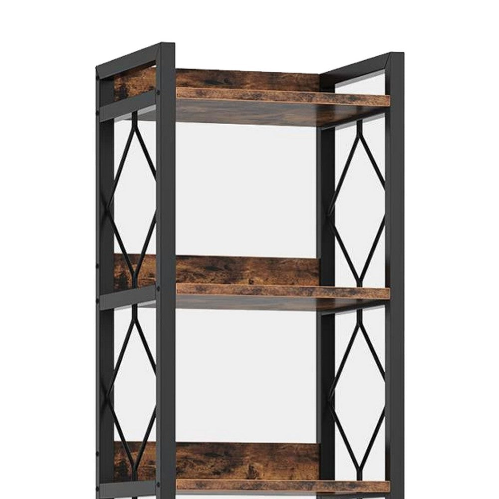 Corner Bookcase | 7 Tier Rustic Brown Wood Shelves | 79’’ Black Metal BM336917