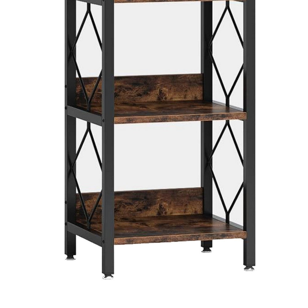 Corner Bookcase | 7 Tier Rustic Brown Wood Shelves | 79’’ Black Metal BM336917