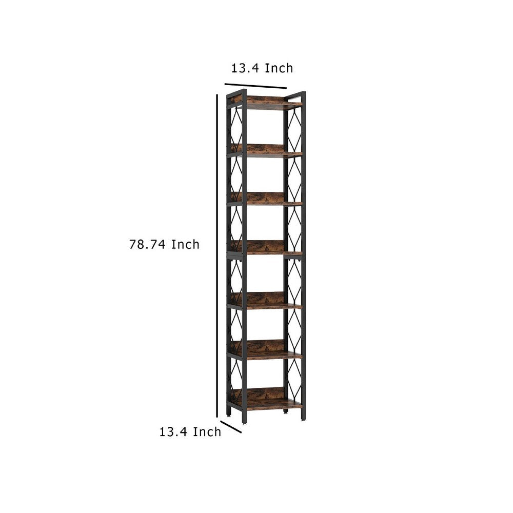Corner Bookcase | 7 Tier Rustic Brown Wood Shelves | 79’’ Black Metal BM336917