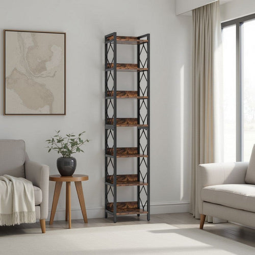 Corner Bookcase | 7 Tier Rustic Brown Wood Shelves | 79" Black Metal