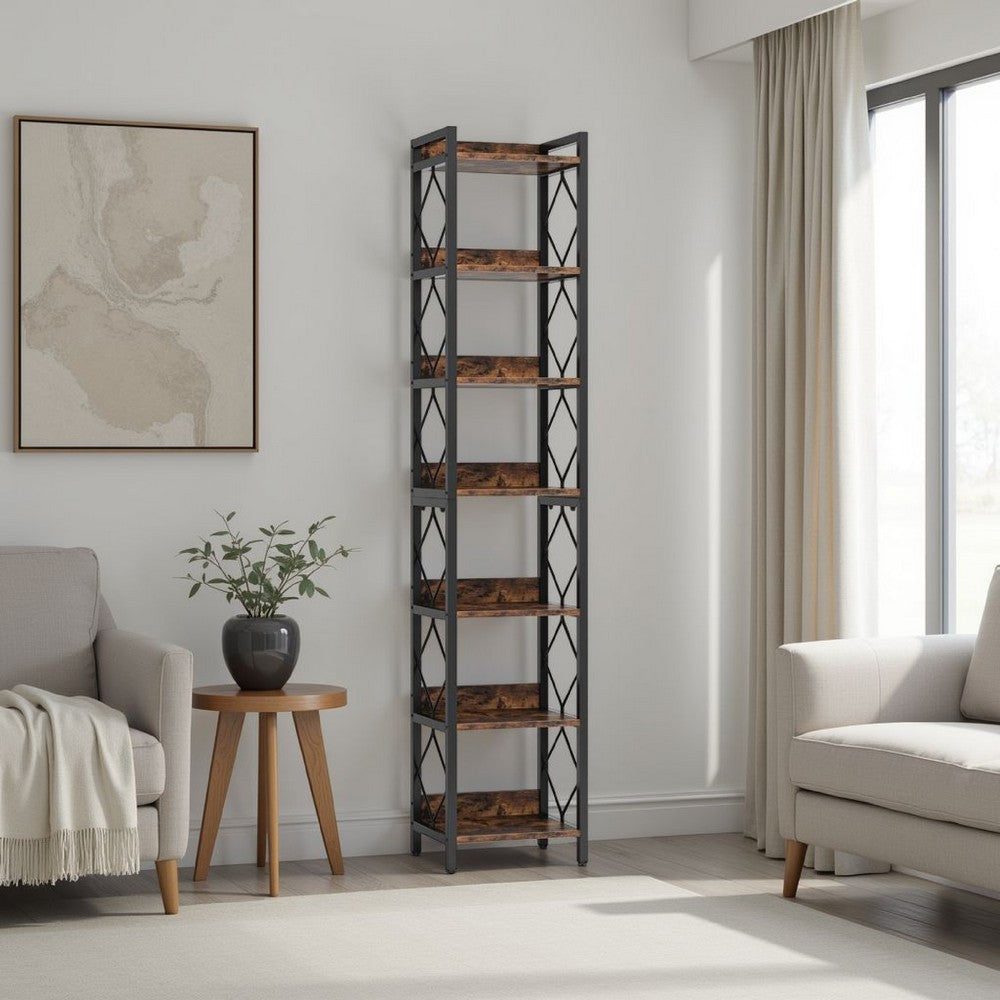 Corner Bookcase | 7 Tier Rustic Brown Wood Shelves | 79" Black Metal