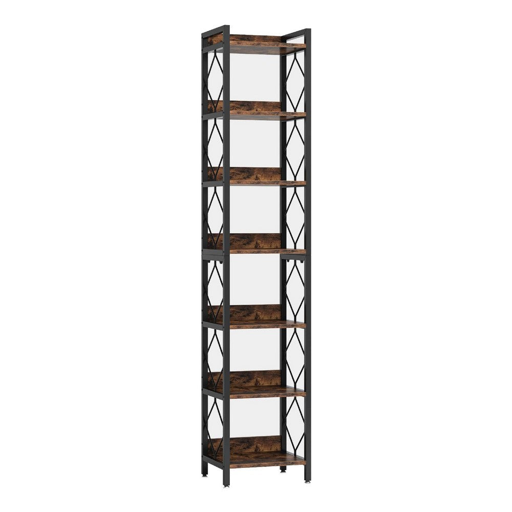Corner Bookcase | 7 Tier Rustic Brown Wood Shelves | 79" Black Metal