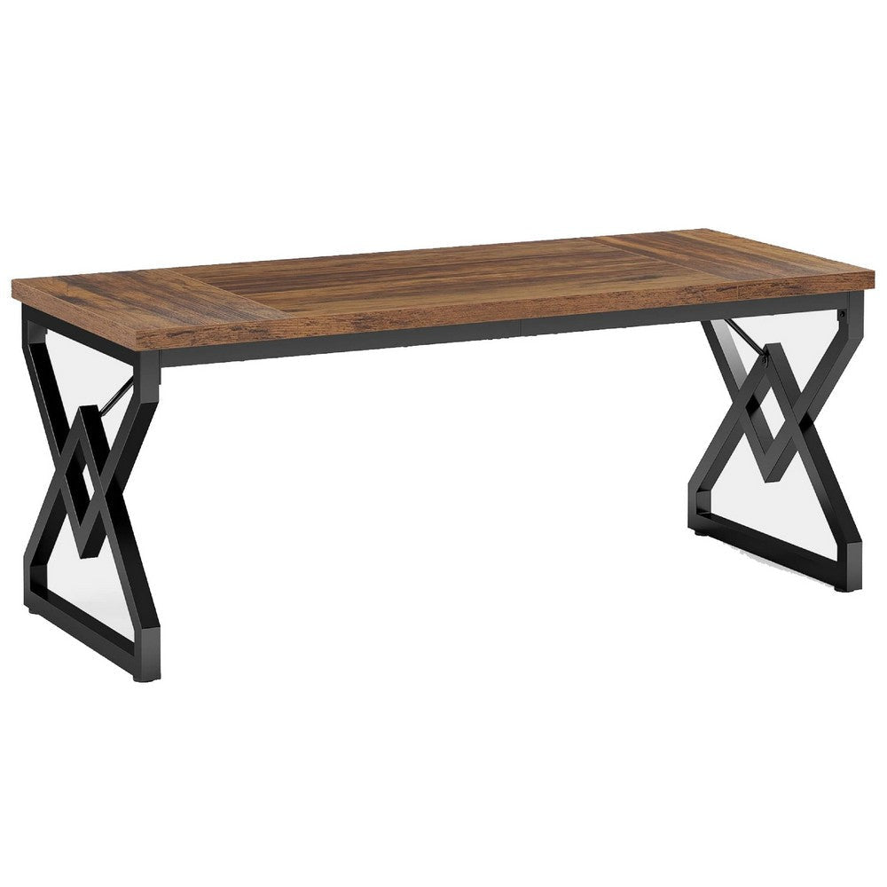 Executive Desk | 63" Rustic Wood Top | X Design Black Metal Frame