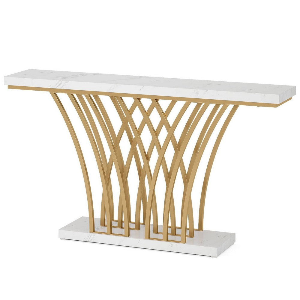 Sofa Console Table | 59’’ White Faux Marble | Sculptural Gold Base BM336921