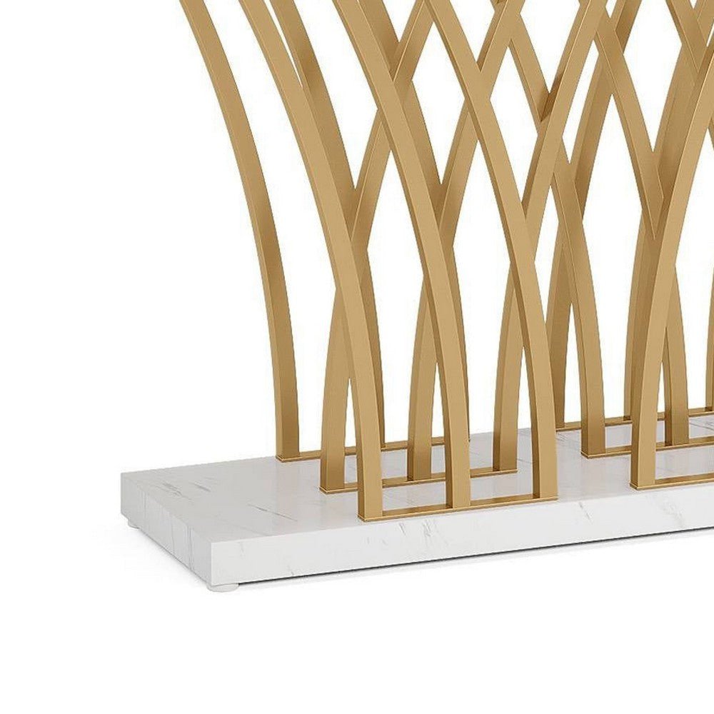 Sofa Console Table | 59’’ White Faux Marble | Sculptural Gold Base BM336921