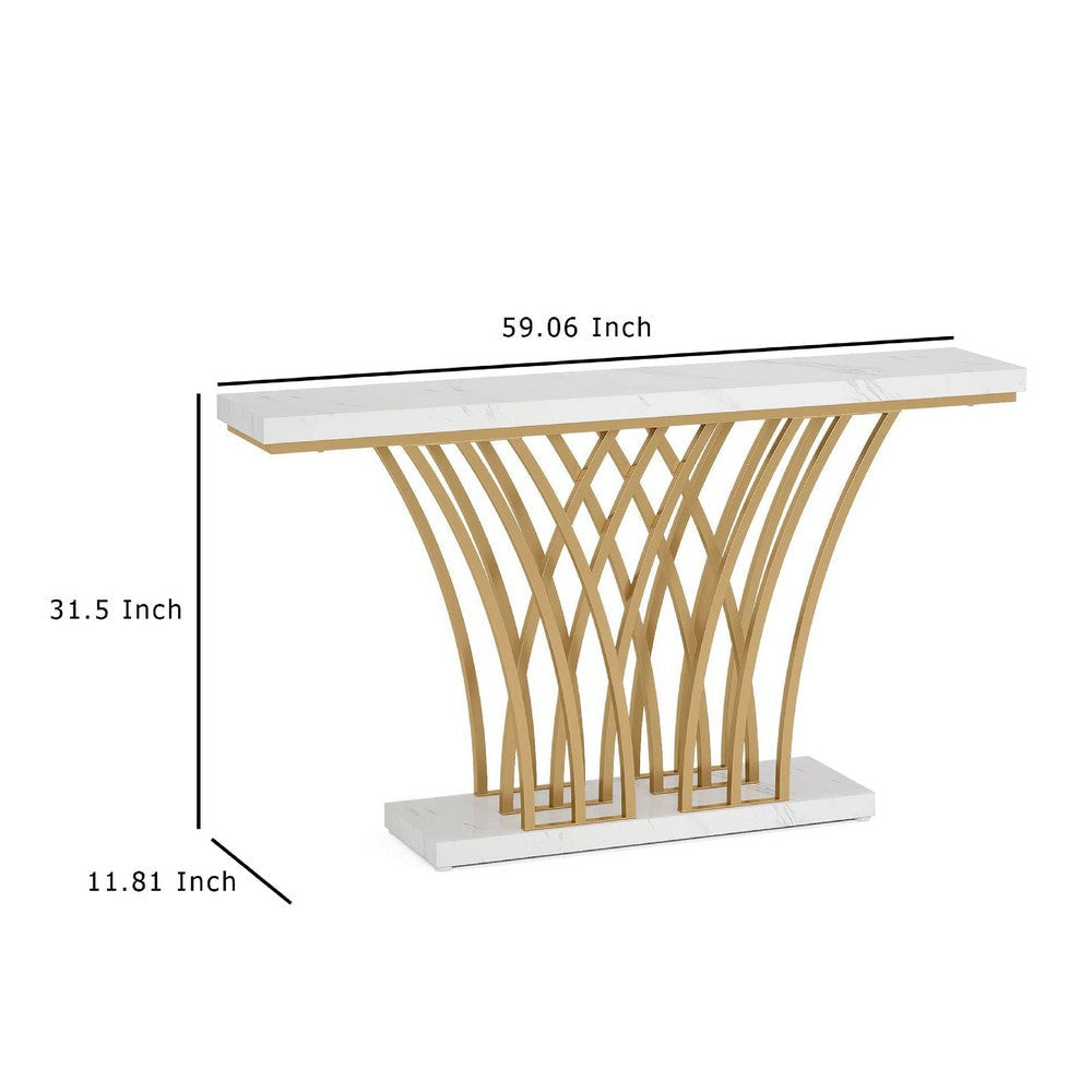 Sofa Console Table | 59’’ White Faux Marble | Sculptural Gold Base BM336921