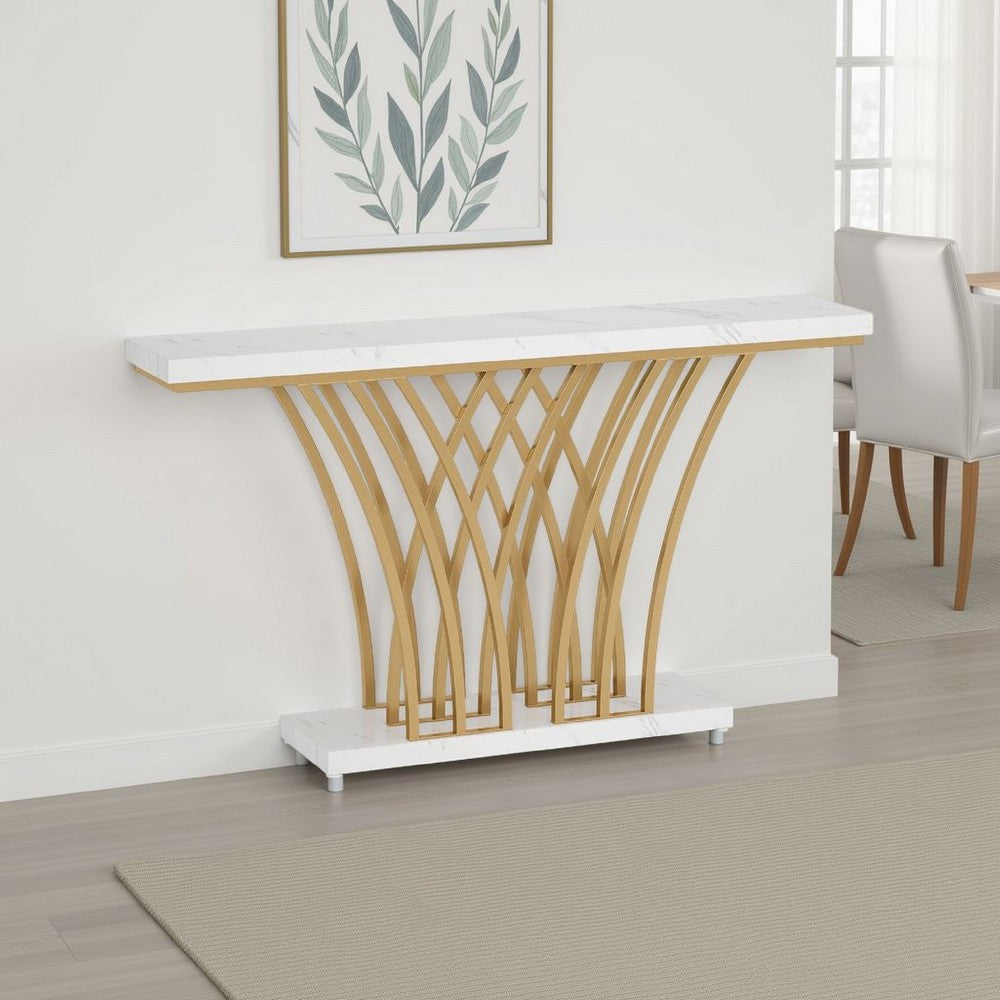 Sofa Console Table | 59" White Faux Marble | Sculptural Gold Base
